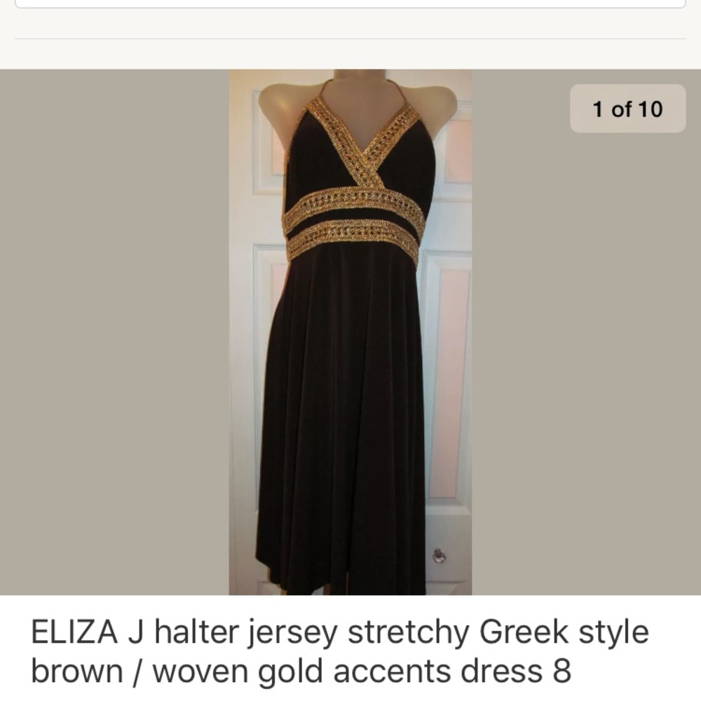 ELIZA J brown and gold Greek style halter dress 8